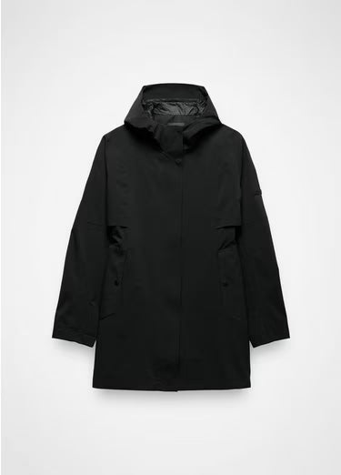 A black hooded jacket with a relaxed silhouette, displayed flat against a light gray background.
