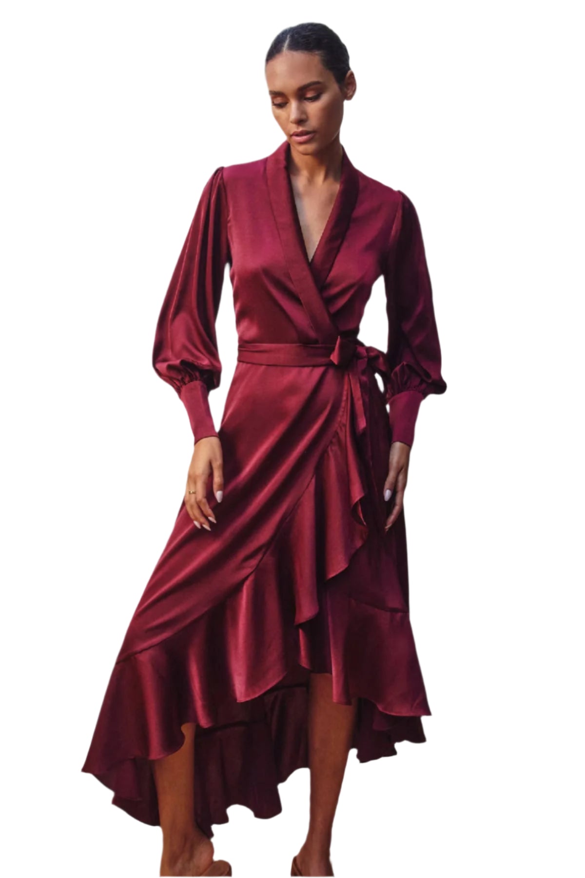 Satin Ruffled Midi Wrap Dress – Front – Ella Where She Shops