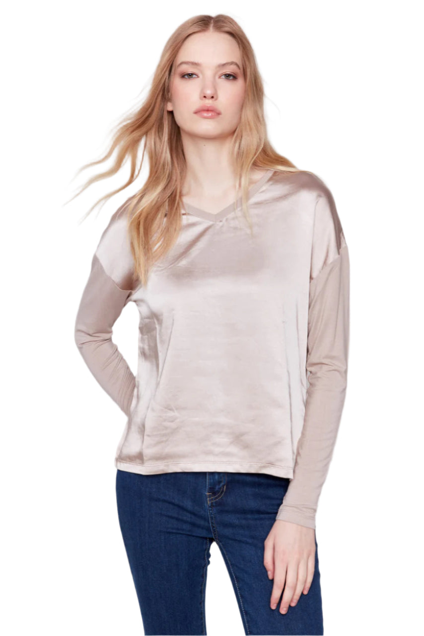 Satin and Jersey V-Neck Knit Top - Almond - Front - Ella Where She Shops