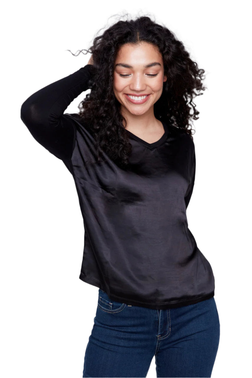 Satin and Jersey V-Neck Knit Top - Black - Front - Ella Where She Shops