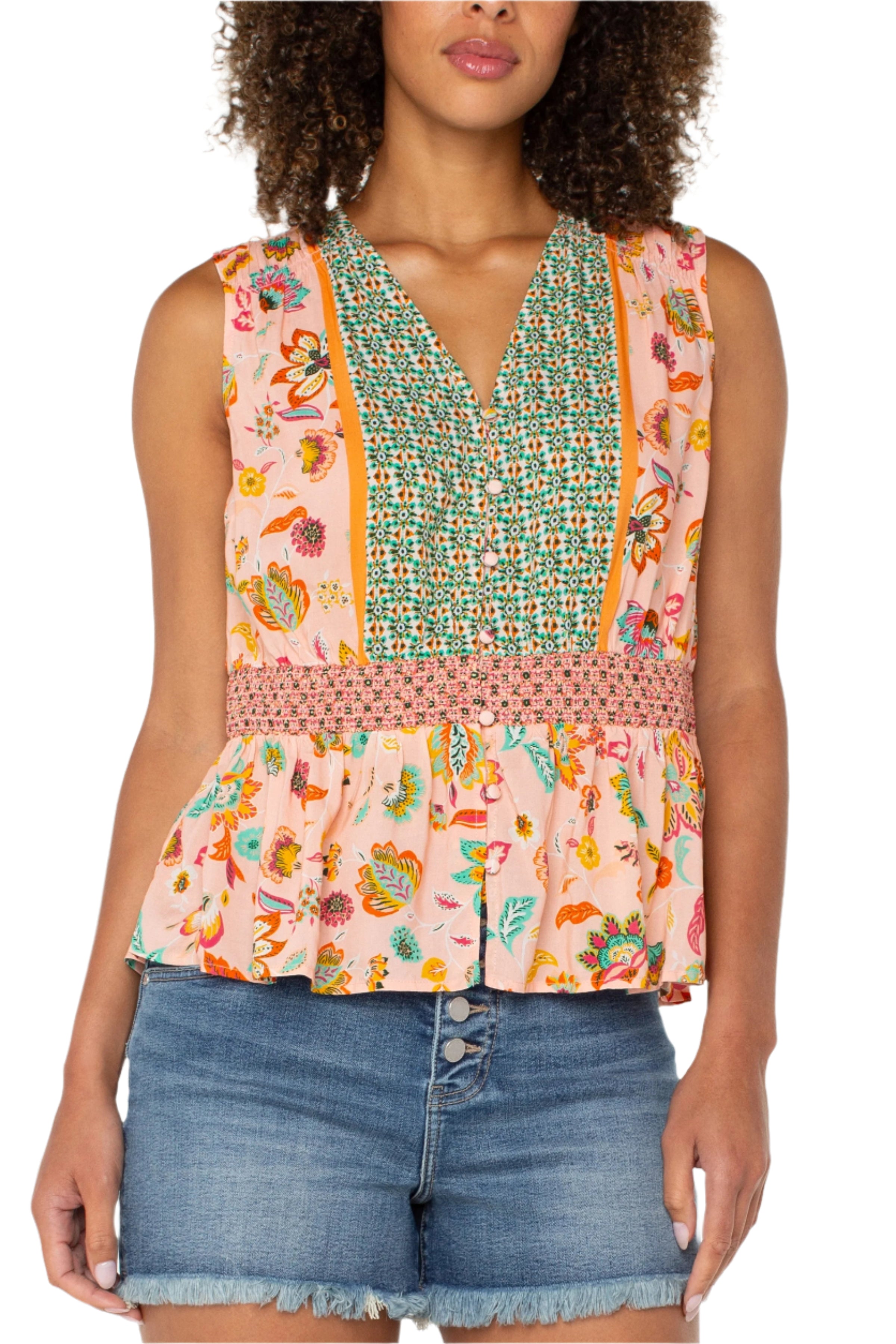 Sleeveless Woven Top With Smocked Waist - Front - Ella Where She Shops