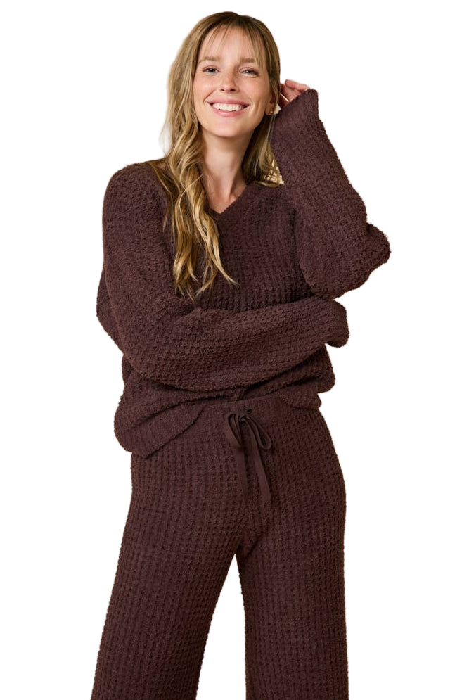 Softies Marshmallow Waffle V-neck Lounge Set espresso ella where she shops
