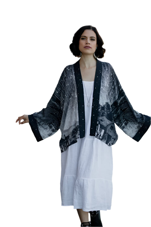 Stargazer Pixie Duster Cropped Kimono w/ Falling Stars – Front – Ella Where She Shops