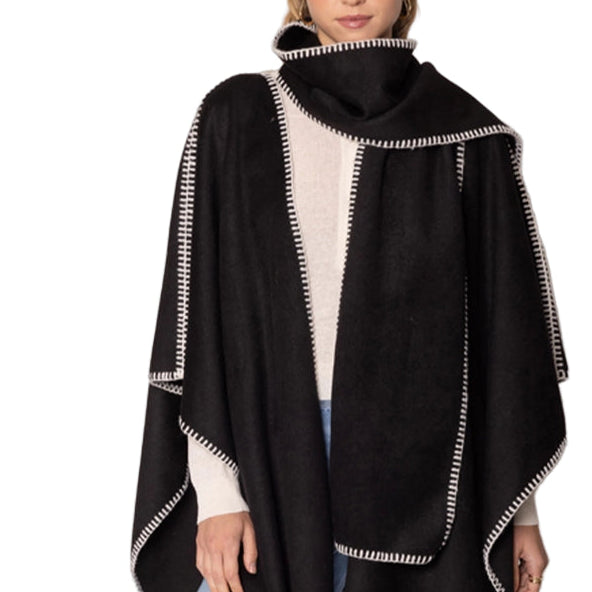 Stitched Edge Scarf Ruana Wrap Poncho Black Ella where she shops
