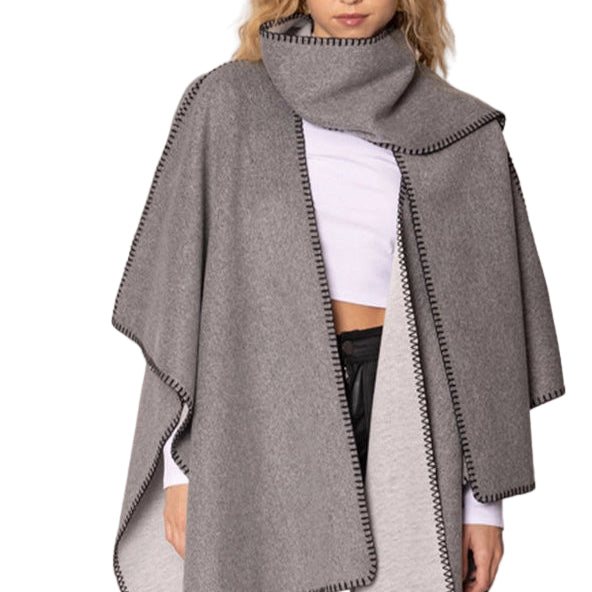 Stitched Edge Scarf Ruana Wrap Poncho Light Gray ella where she shops