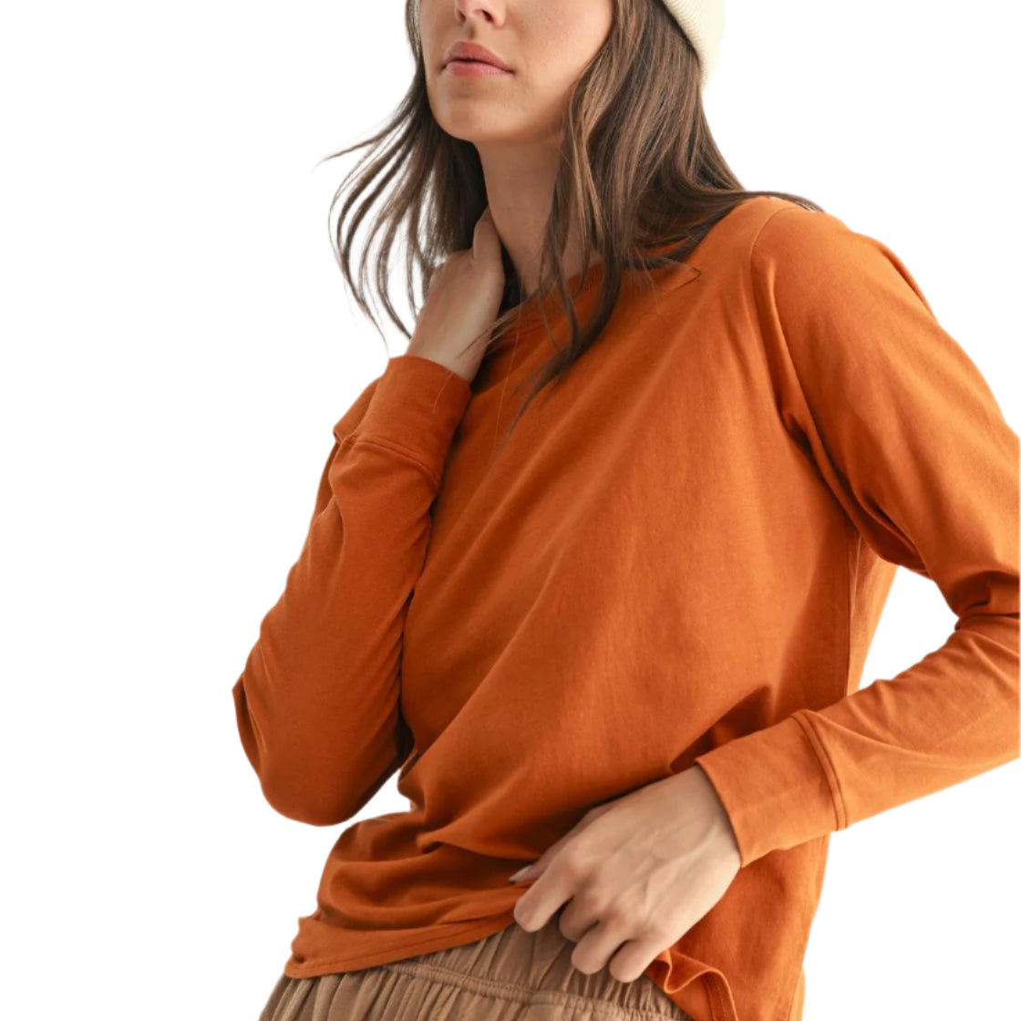 Stonewash Pima Cotton Long Sleeve – Burnt Orange Front – Ella Where She Shops