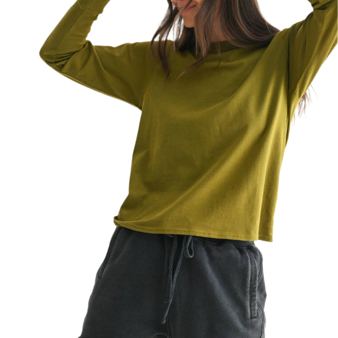 Stonewash Pima Cotton Long Sleeve – Camo Green Front – Ella Where She Shops