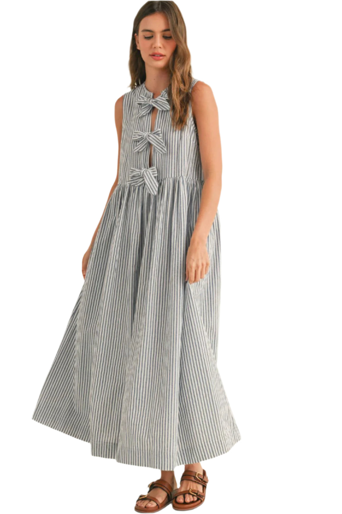 Stripe Fabric w/ Bow Tie Dress – Front – Ella Where She Shops