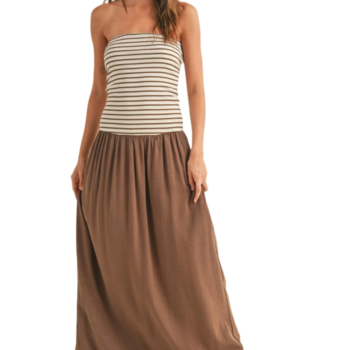 Stripe Ribbed Top w/ Linen Dress – Front – Ella Where She Shop