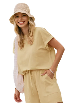 Striped French Terry Top and Shorts Set – Butter Yellow – Front - Ella Where She Shops