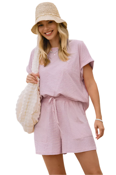 Striped French Terry Top and Shorts Set – Dusty Pink – Front - Ella Where She Shops