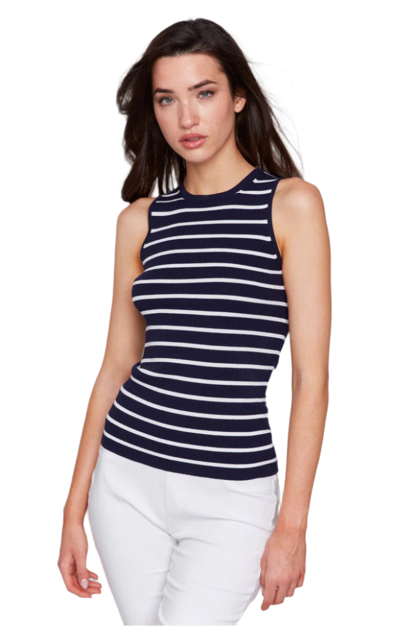 Striped Rib Knit Sleeveless Top - Navy Front - Ella Where She Shops