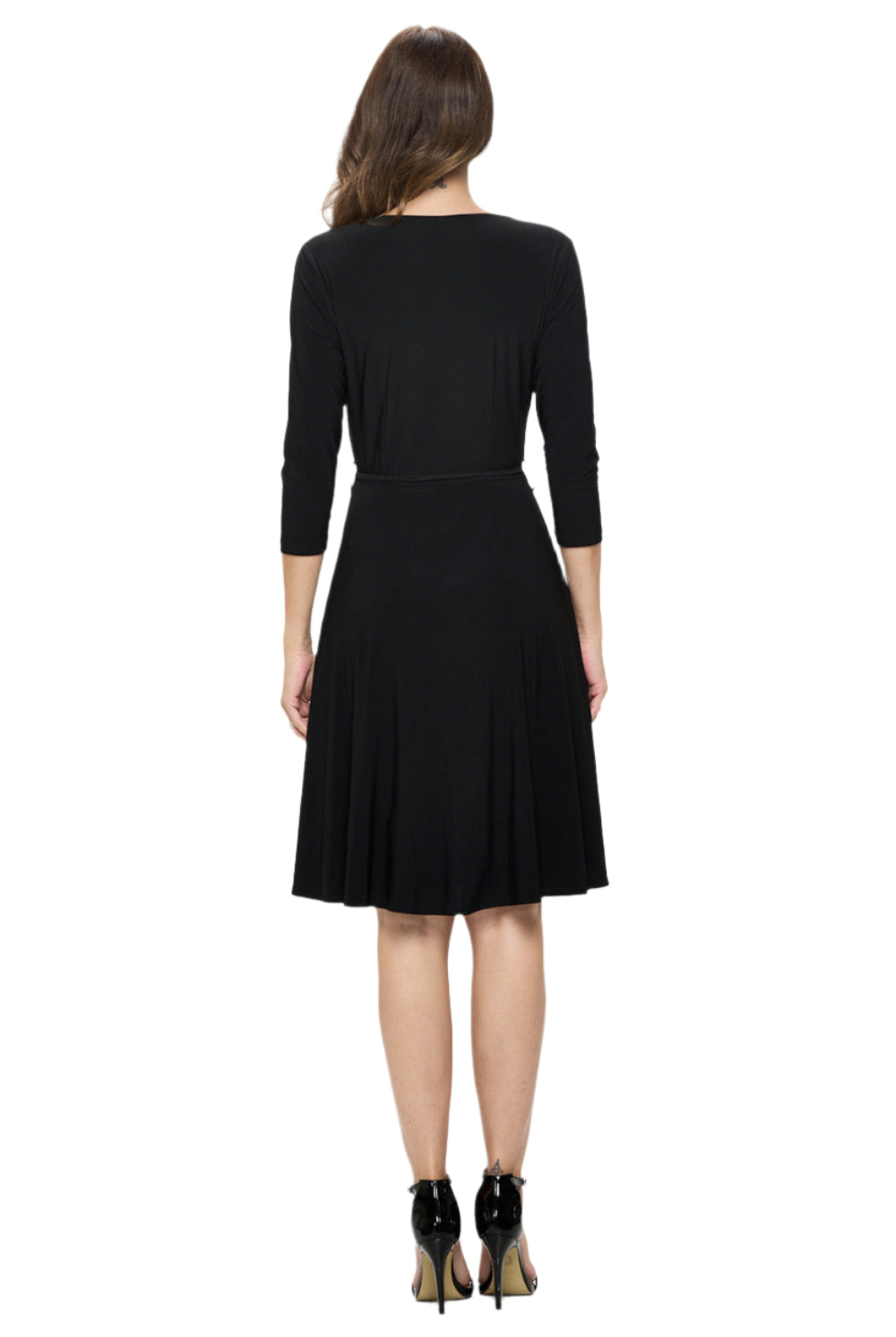 Surplice V-Neck ¾ Sleeves Tie Waist Flowy Dress - Black Back- Ella Where She Shops