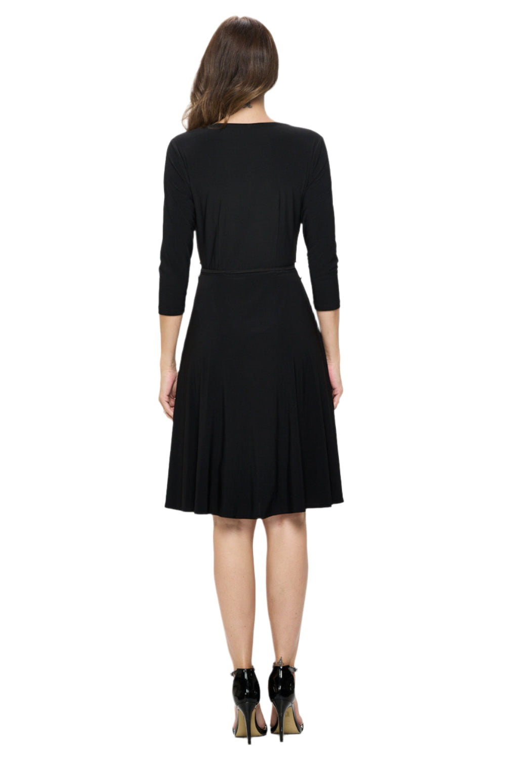 Surplice V-Neck ¾ Sleeves Tie Waist Flowy Dress - Black Back- Ella Where She Shops