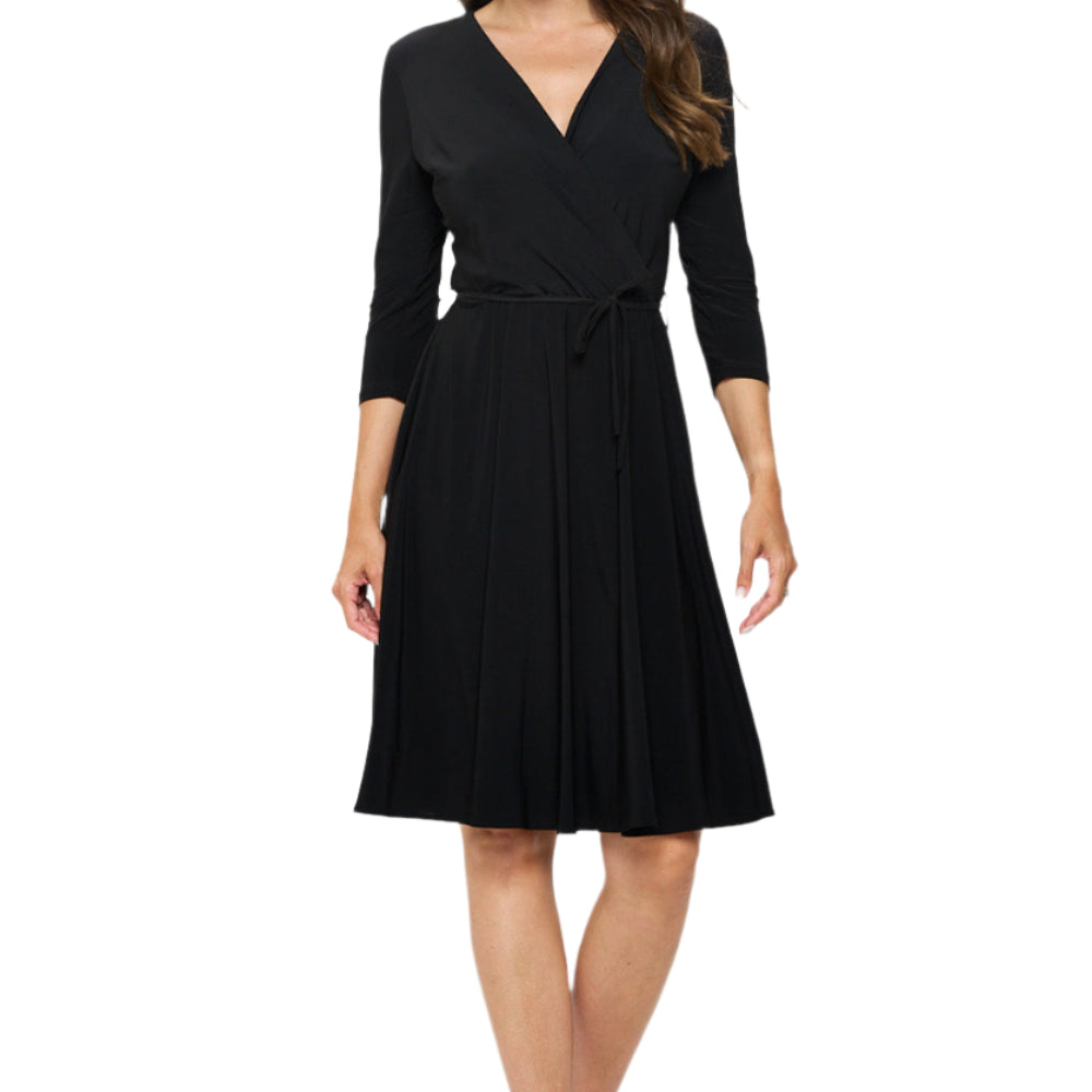 Surplice V-Neck ¾ Sleeves Tie Waist Flowy Dress - Black Front - Ella Where She Shops