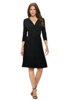 Surplice V-Neck ¾ Sleeves Tie Waist Flowy Dress - Black Front - Ella Where She Shops
