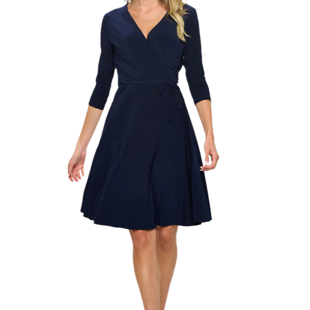 Surplice V-Neck ¾ Sleeves Tie Waist Flowy Dress - Navy Front - Ella Where She Shops