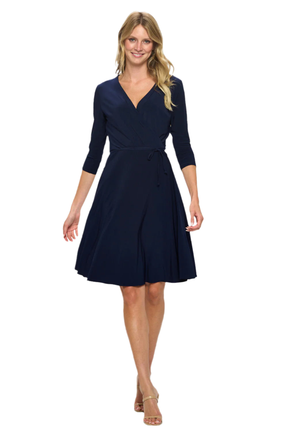 Surplice V-Neck ¾ Sleeves Tie Waist Flowy Dress - Navy Front - Ella Where She Shops