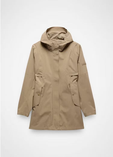 A light brown hooded raincoat with front flap pockets, displayed on a clean white background.