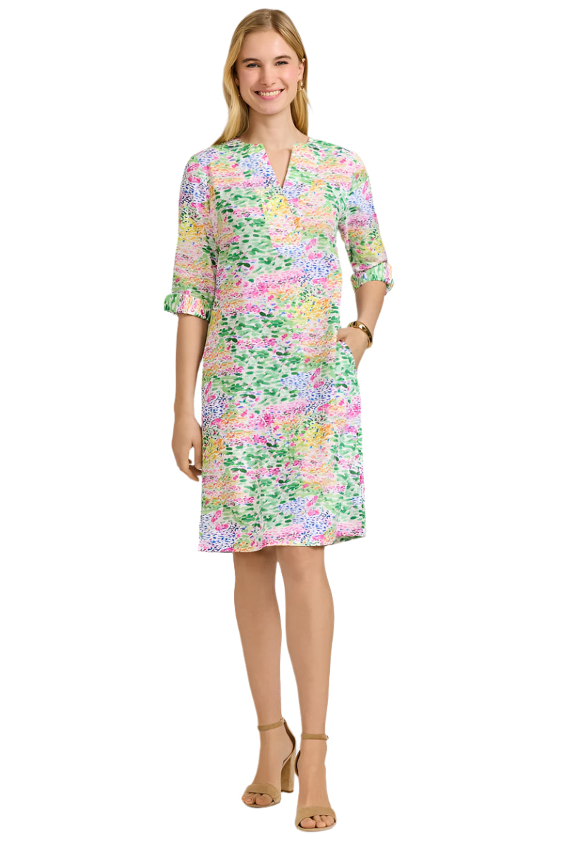 Vena Linen Impressionist Floral 3/4 Sleeve Dress – Front – Ella Where She Shops