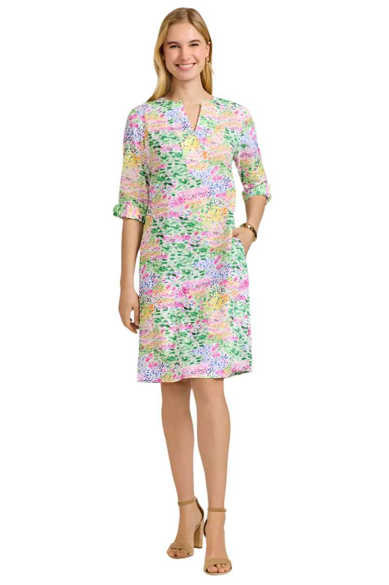 Vena Linen Impressionist Floral 3/4 Sleeve Dress – Front – Ella Where She Shops