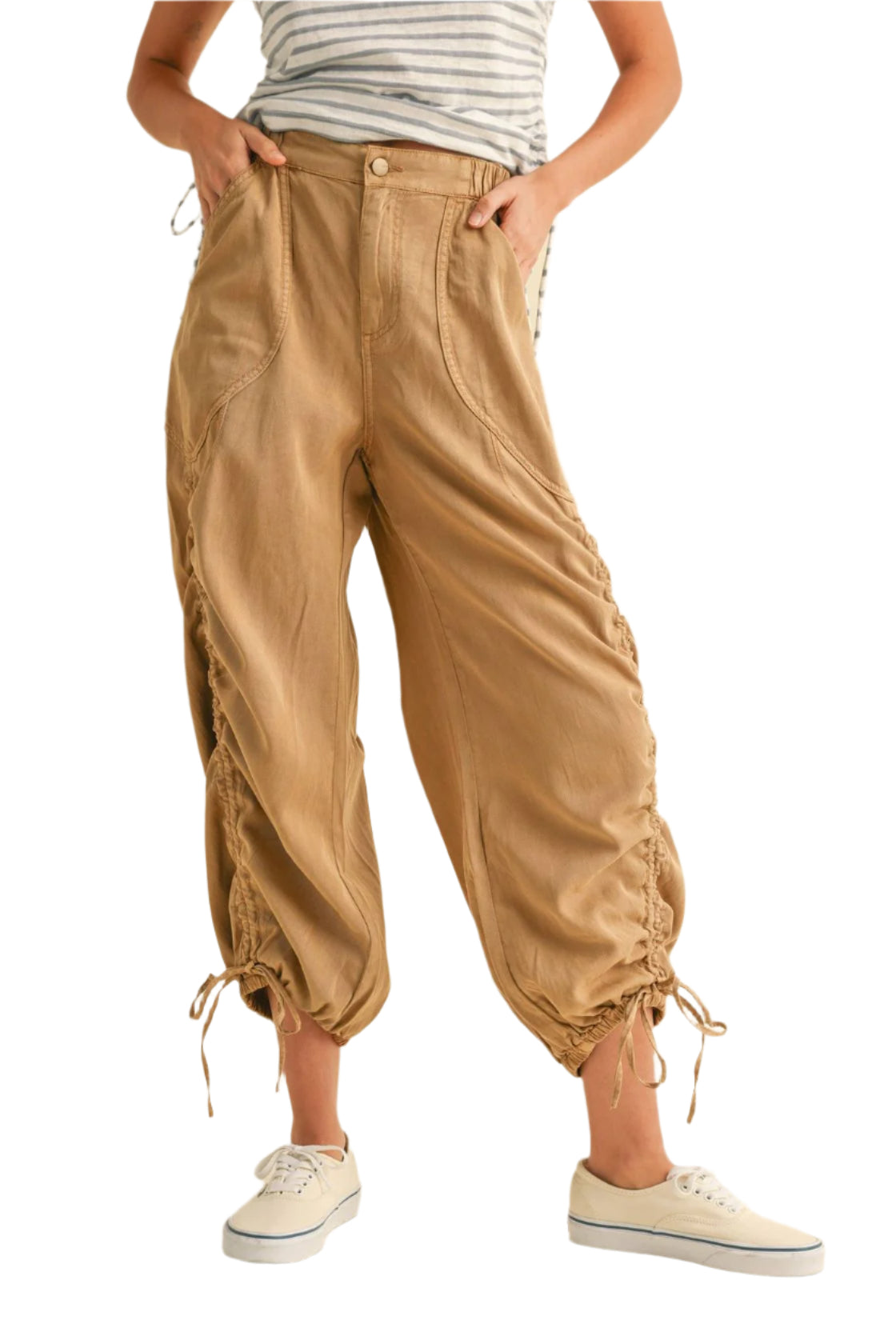 Washed Drawstring On Bottom Pants - Front - Ella Where She Shops