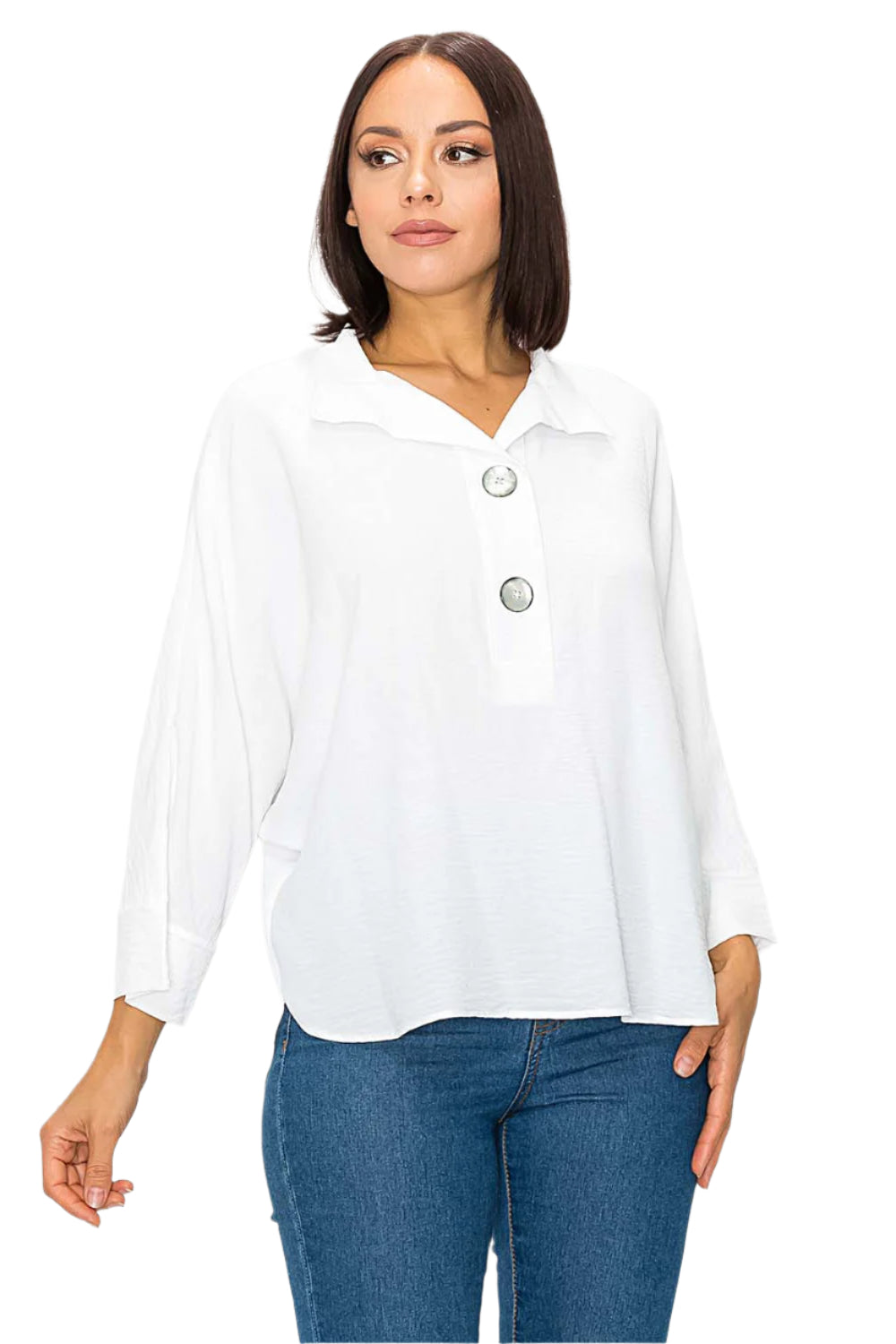 Woven Half Placket Dolman Top - Off White Front - Ella Where She Shops