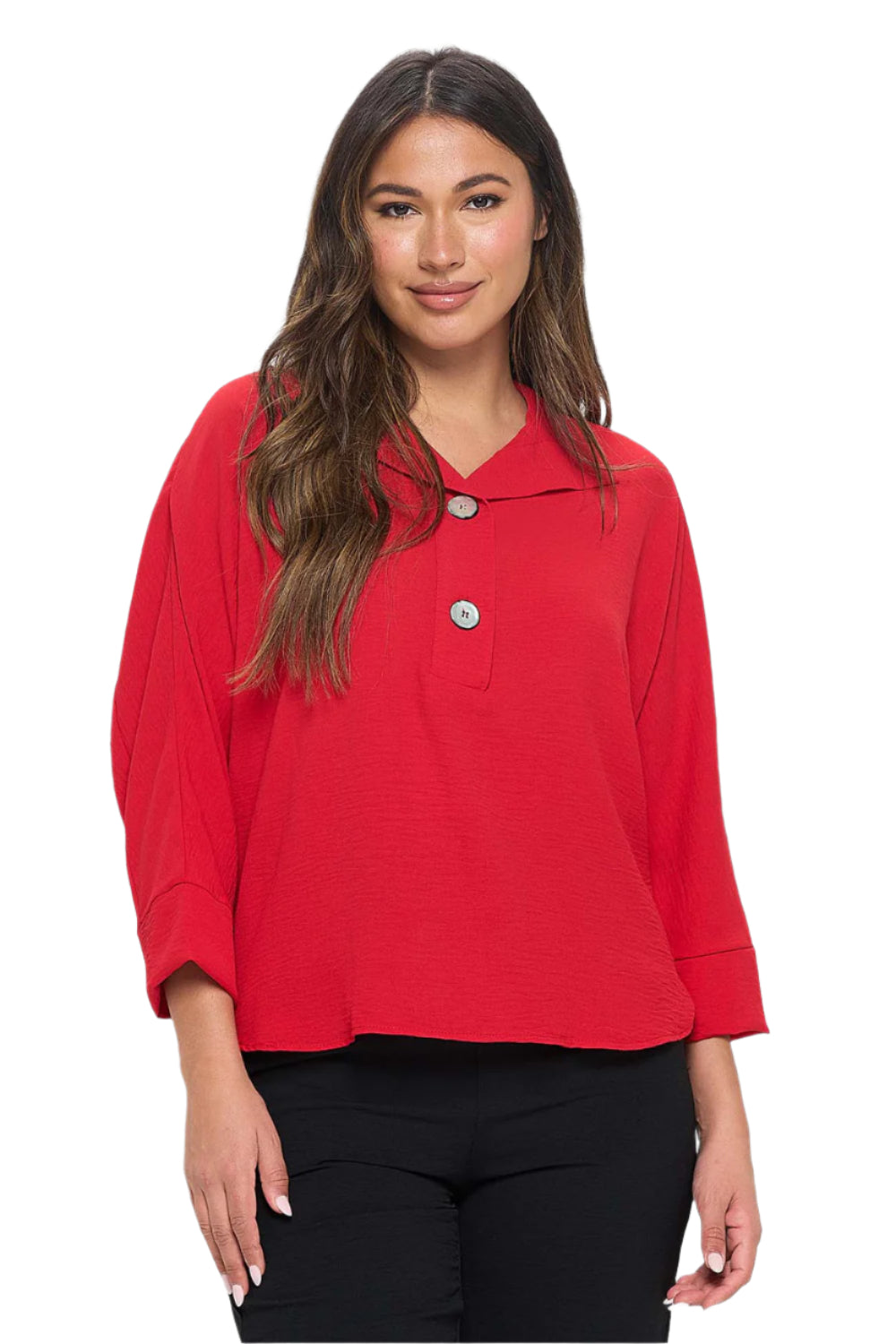 Woven Half Placket Dolman Top - Red Front - Ella Where She Shops