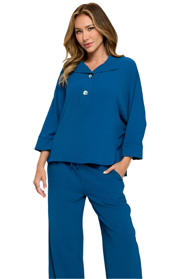 Woven Half Placket Dolman Top - Teal Front - Ella Where She Shops