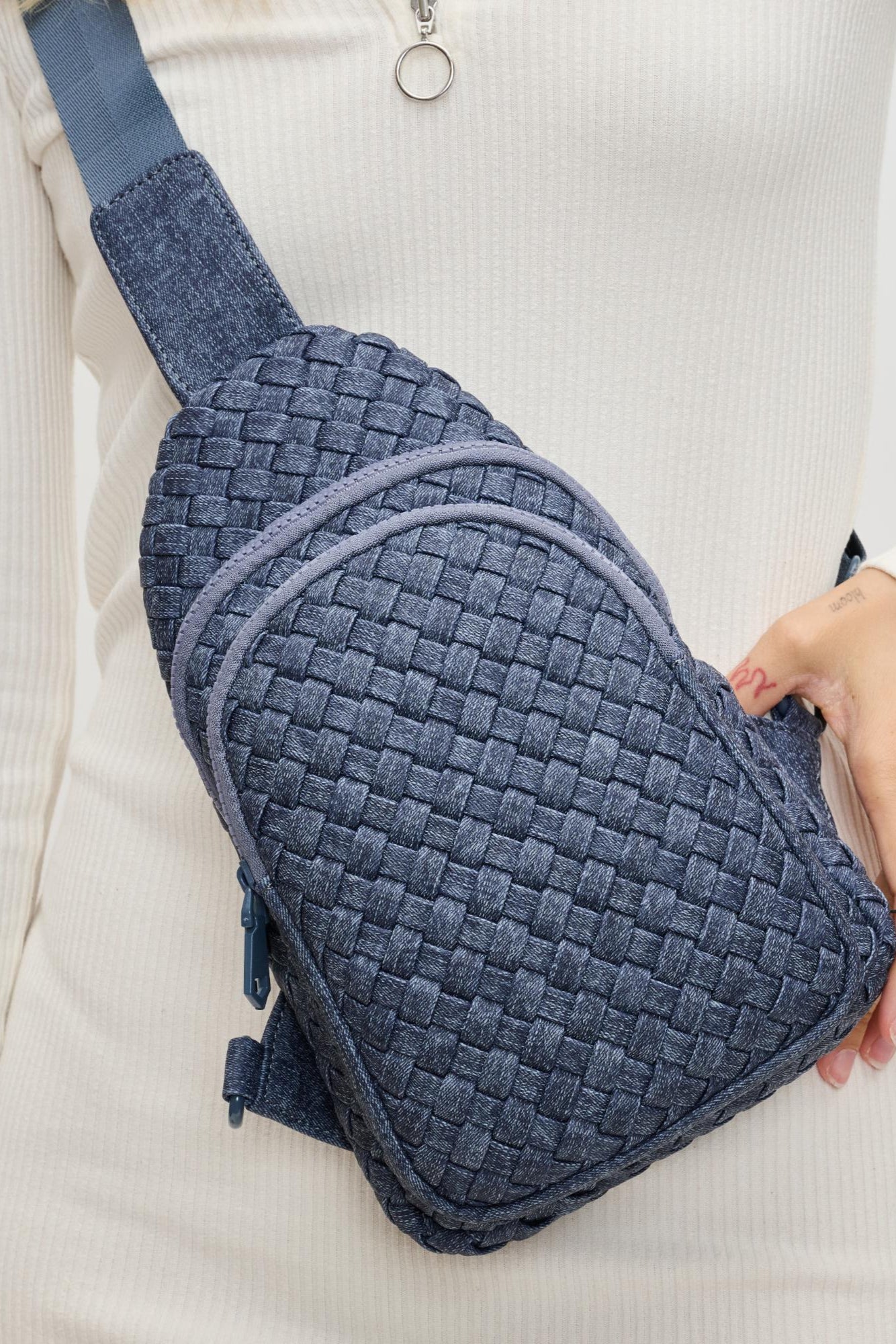 Woven Neoprene Sling Backpack – Dark Denim – Front – Ella Where She Shops