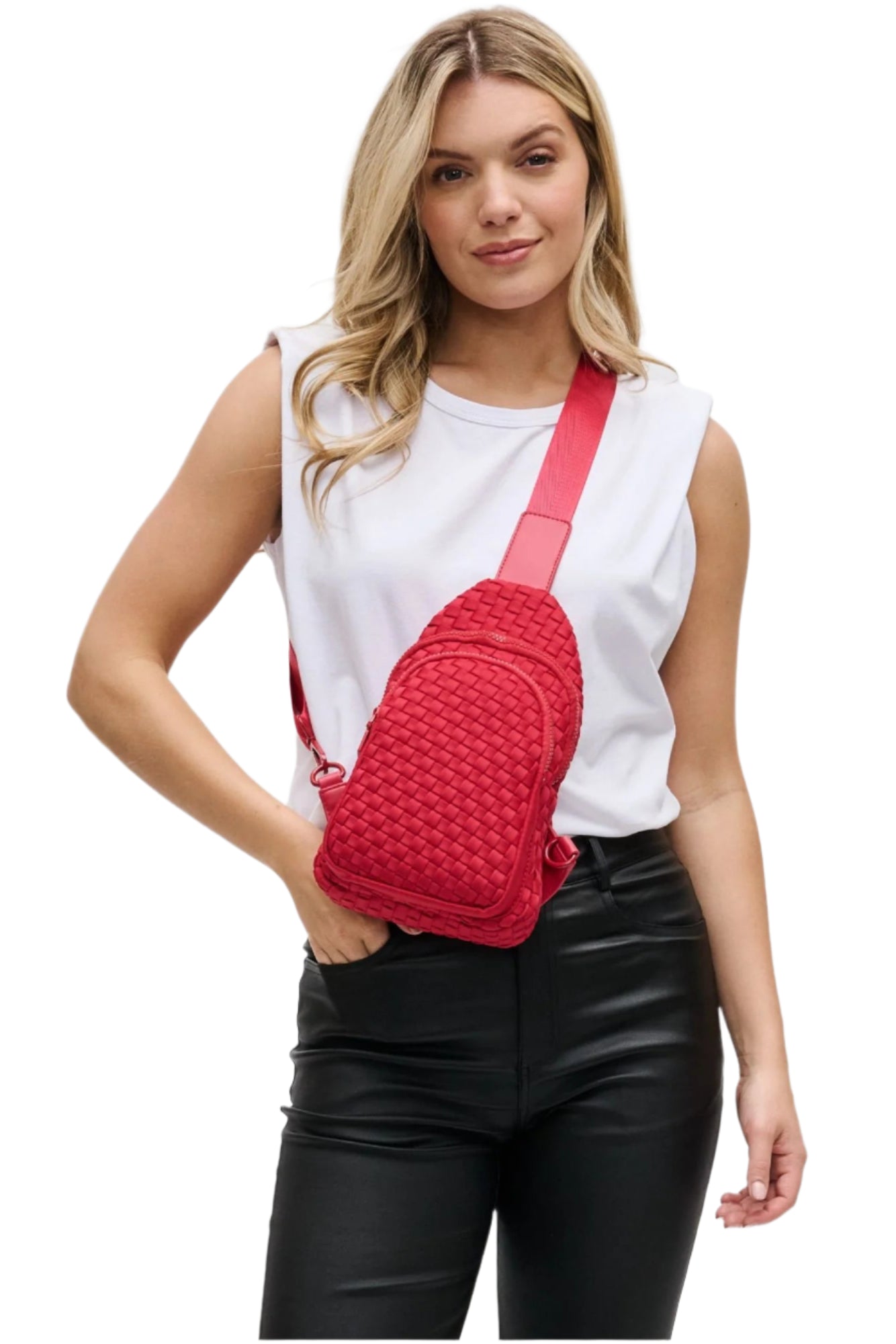Woven Neoprene Sling Backpack – Red – Front – Ella Where She Shops