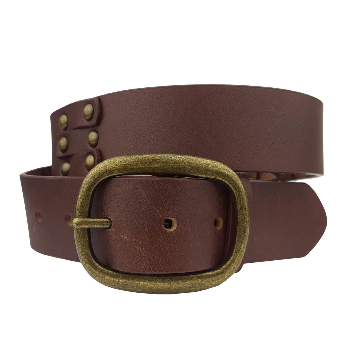 Axesoria West brown studded leather belt with an antique bronze oval buckle