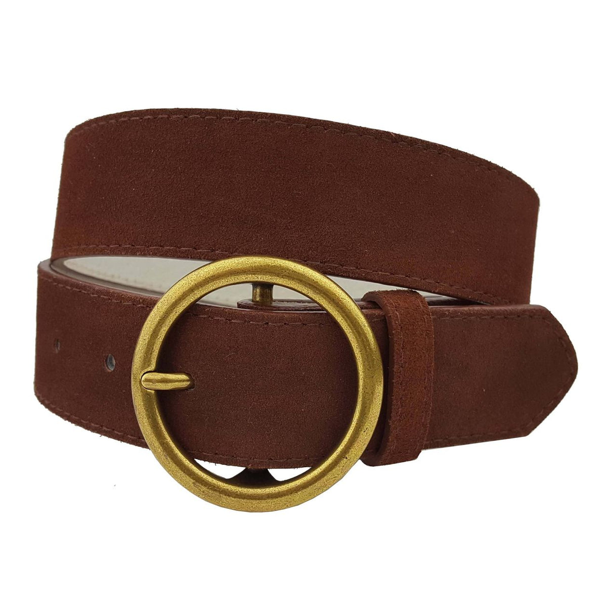 Axesoria West brown suede leather belt with a round gold buckle
