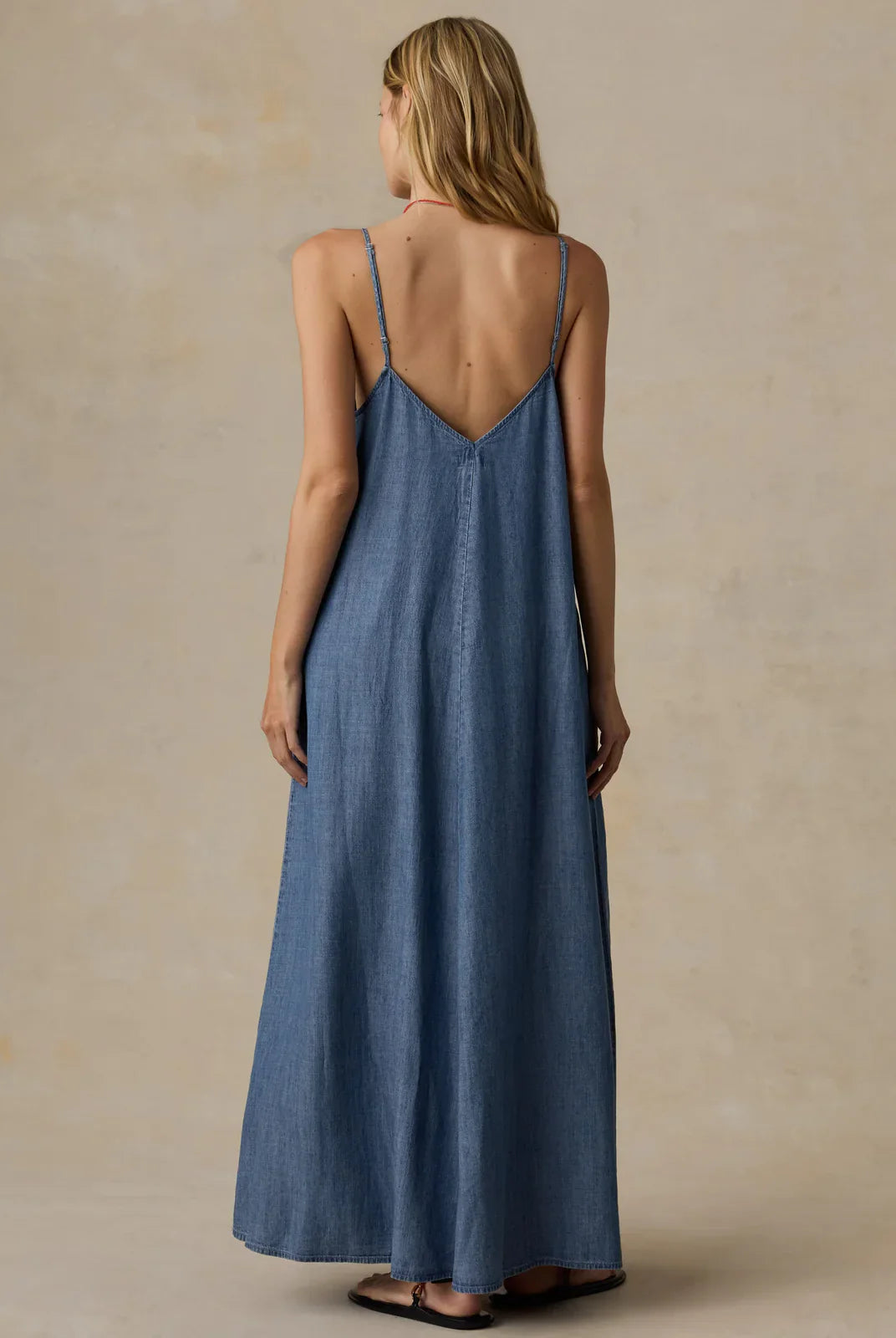 Faherty Brand Tried & True Chambray Slip Dress back view — lightweight chambray midi dress in River Mist Wash for women