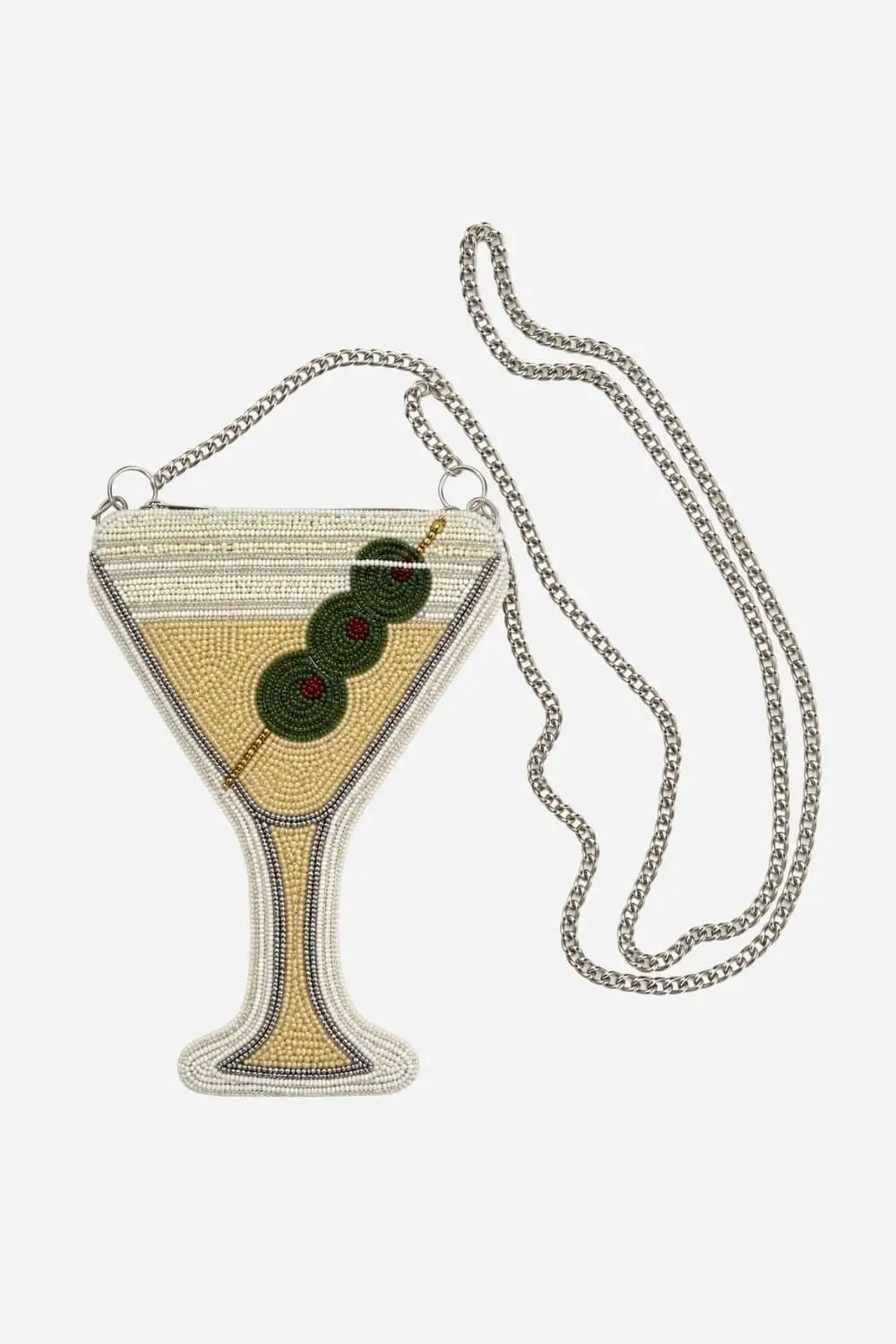 A beaded martini glass clutch purse with a silver chain strap, featuring a yellow and white beaded body with green and red olives on a silver chain.