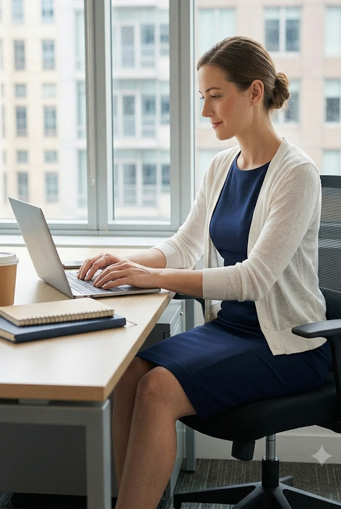 A woman in a navy blue dress and white cardigan sits in a black office chair at a wooden desk, typing on a laptop. A coffee cup, notebook, and pen are on the desk, with large windows and city buildings visible in the background.