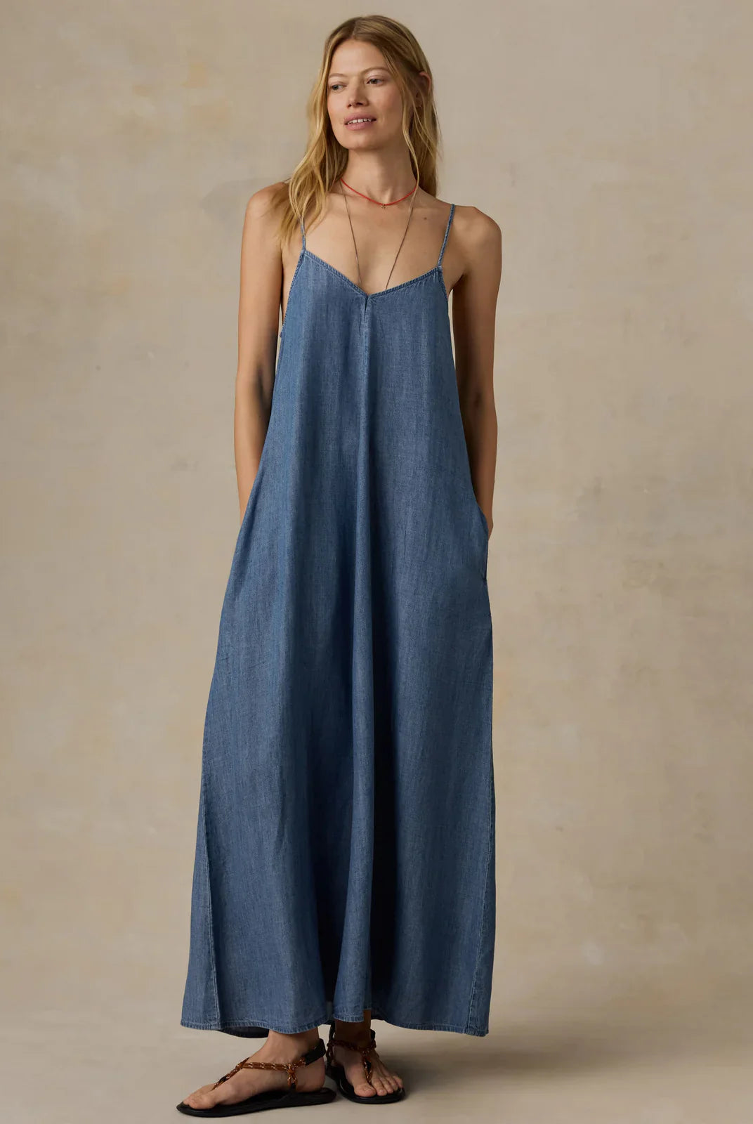 Faherty Brand Tried & True Chambray Slip Dress in River Mist Wash — women's relaxed midi slip dress with adjustable straps and V-neckline