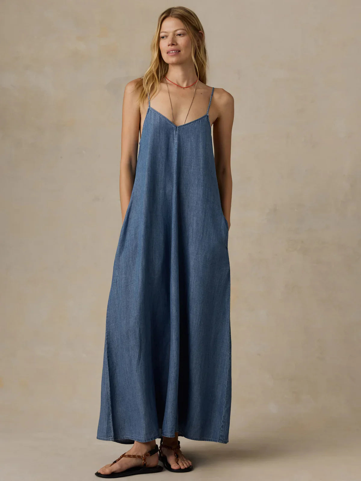 Faherty Brand Tried & True Chambray Slip Dress in River Mist Wash — women's relaxed midi slip dress with adjustable straps and V-neckline