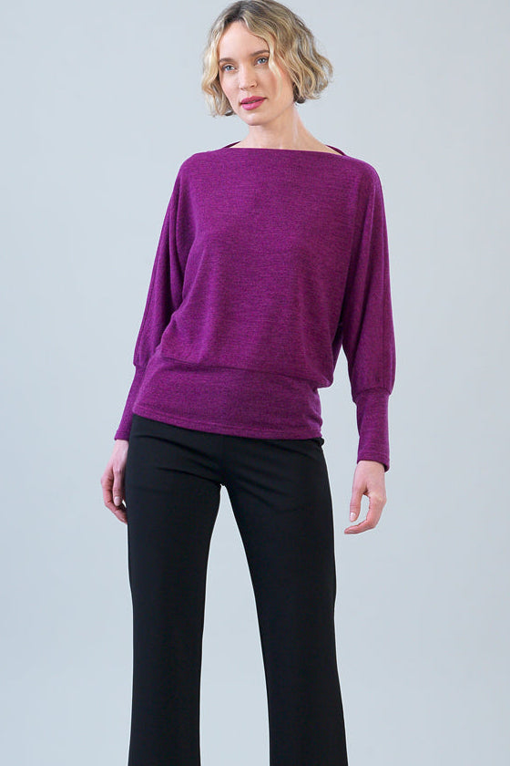 Clara Sunwoo Heathered Boat Neck Blouson Sweater in magenta, front close-up view
