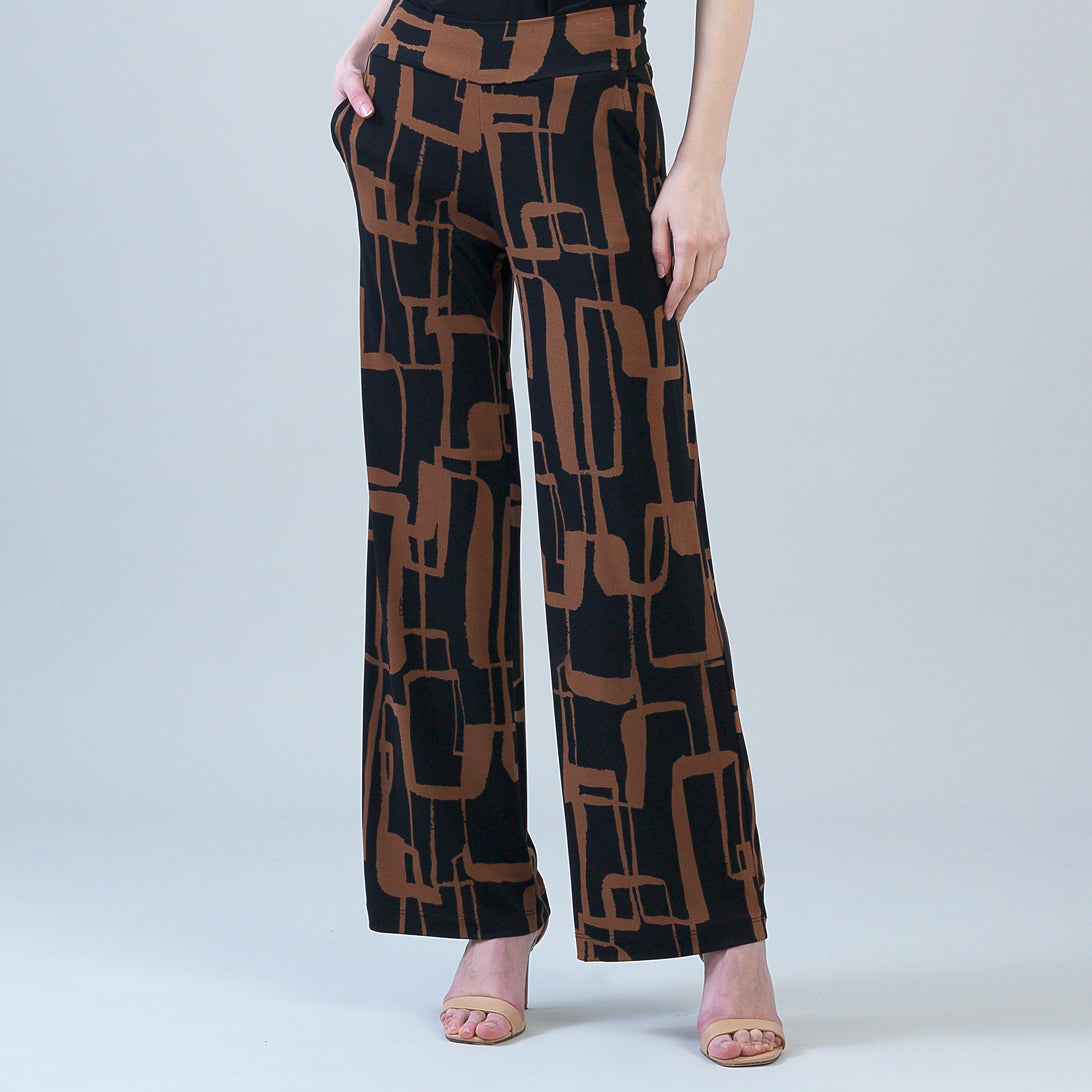 Clara Sunwoo geo chain print wide leg pocket pant in black and brown, front view