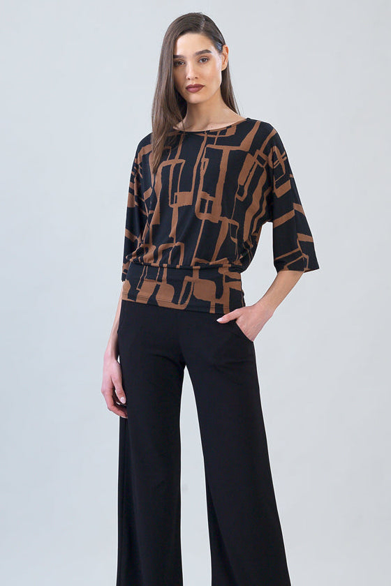 Clara Sunwoo Geo Print Soft Knit Top in brown geo print, front close-up view