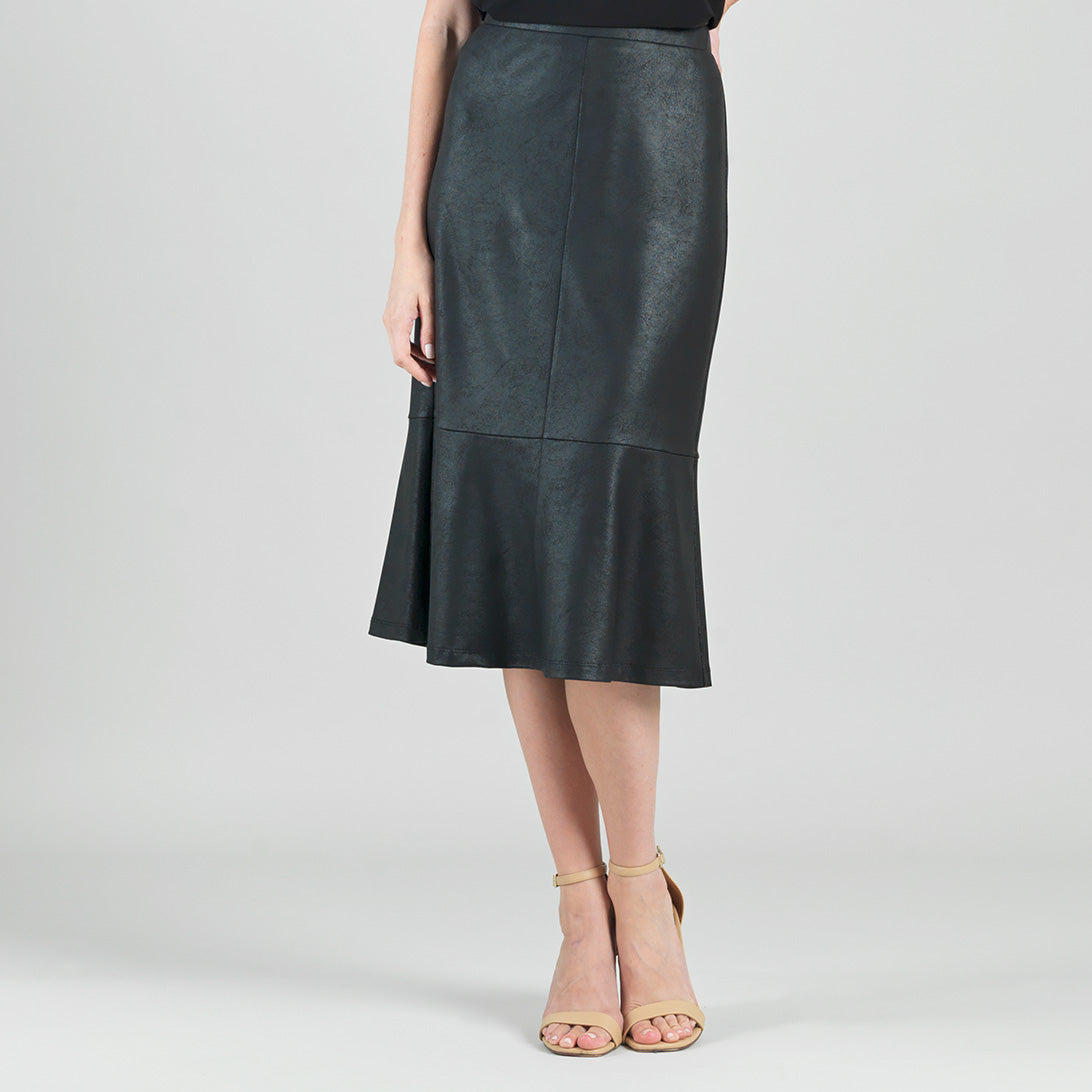 Clara Sunwoo black Liquid Leather flounce midi skirt, front view