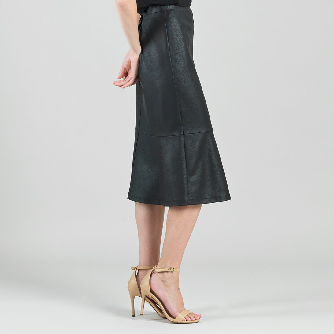 Side view of the Clara Sunwoo black flounce midi skirt