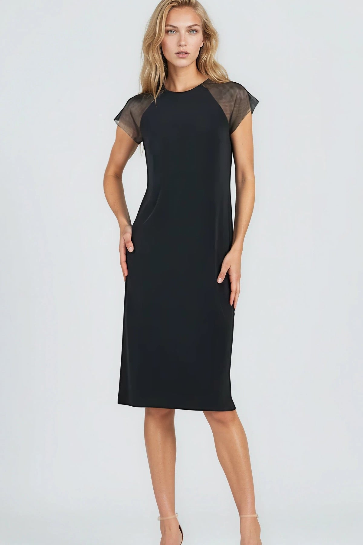 Clara Sunwoo Mesh Cap Sleeve Midi Dress in black, front close-up view
