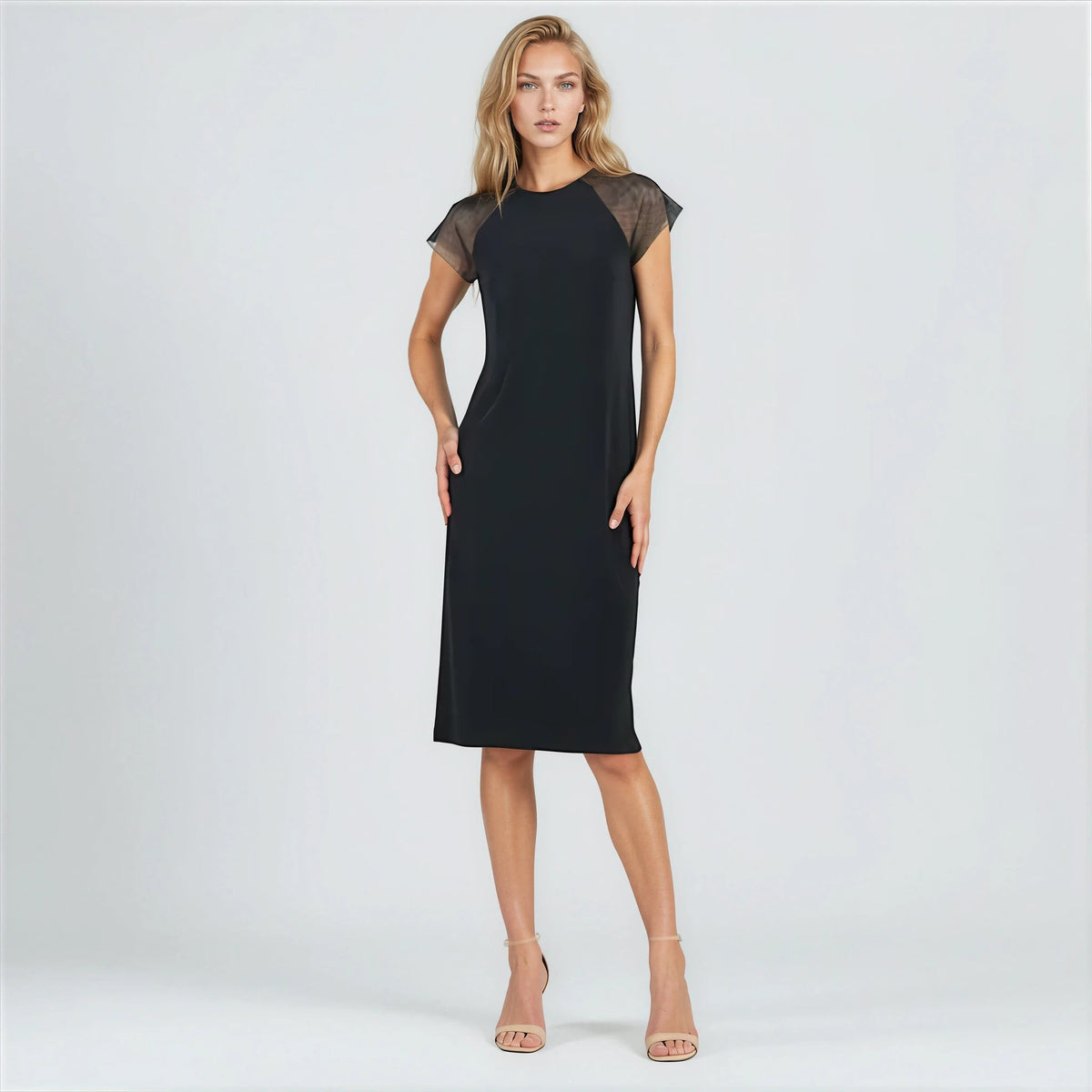 Clara Sunwoo mesh cap sleeve midi dress in black, front view