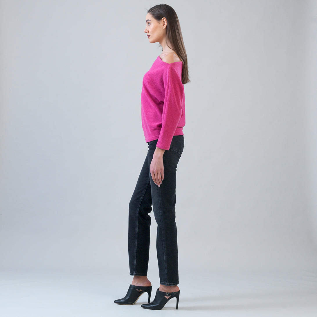 Clara Sunwoo fuchsia sweater worn off the shoulder, angled neckline view