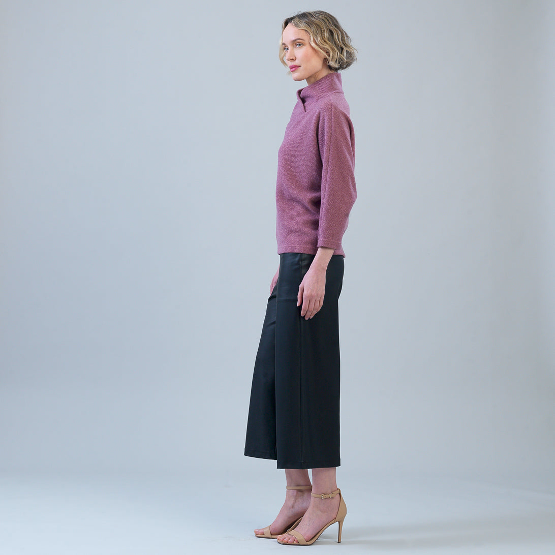 Alternate side view of the Clara Sunwoo mauve petal neck sweater with 3/4 sleeves