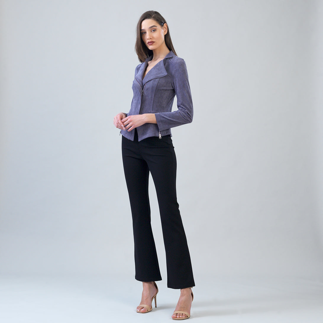 Side view of the Clara Sunwoo violet soft suede jacket