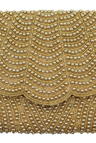 A gold beaded clutch purse with a scalloped, fan-like beaded pattern and a matching envelope-style flap, shown against a plain white background.