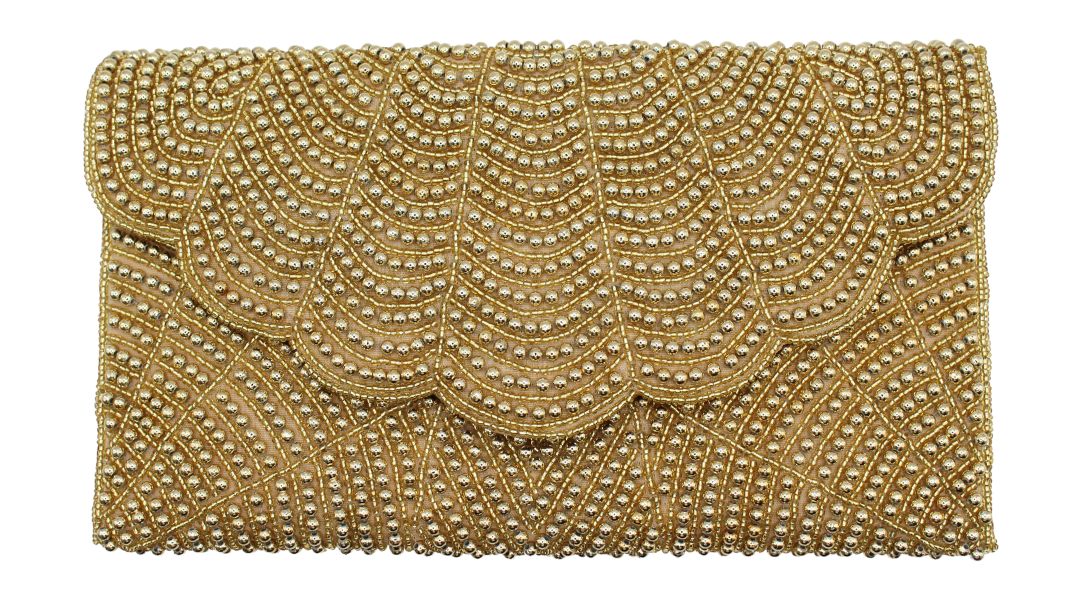 A gold beaded clutch purse with a scalloped, fan-like beaded pattern and a matching envelope-style flap, shown against a plain white background.